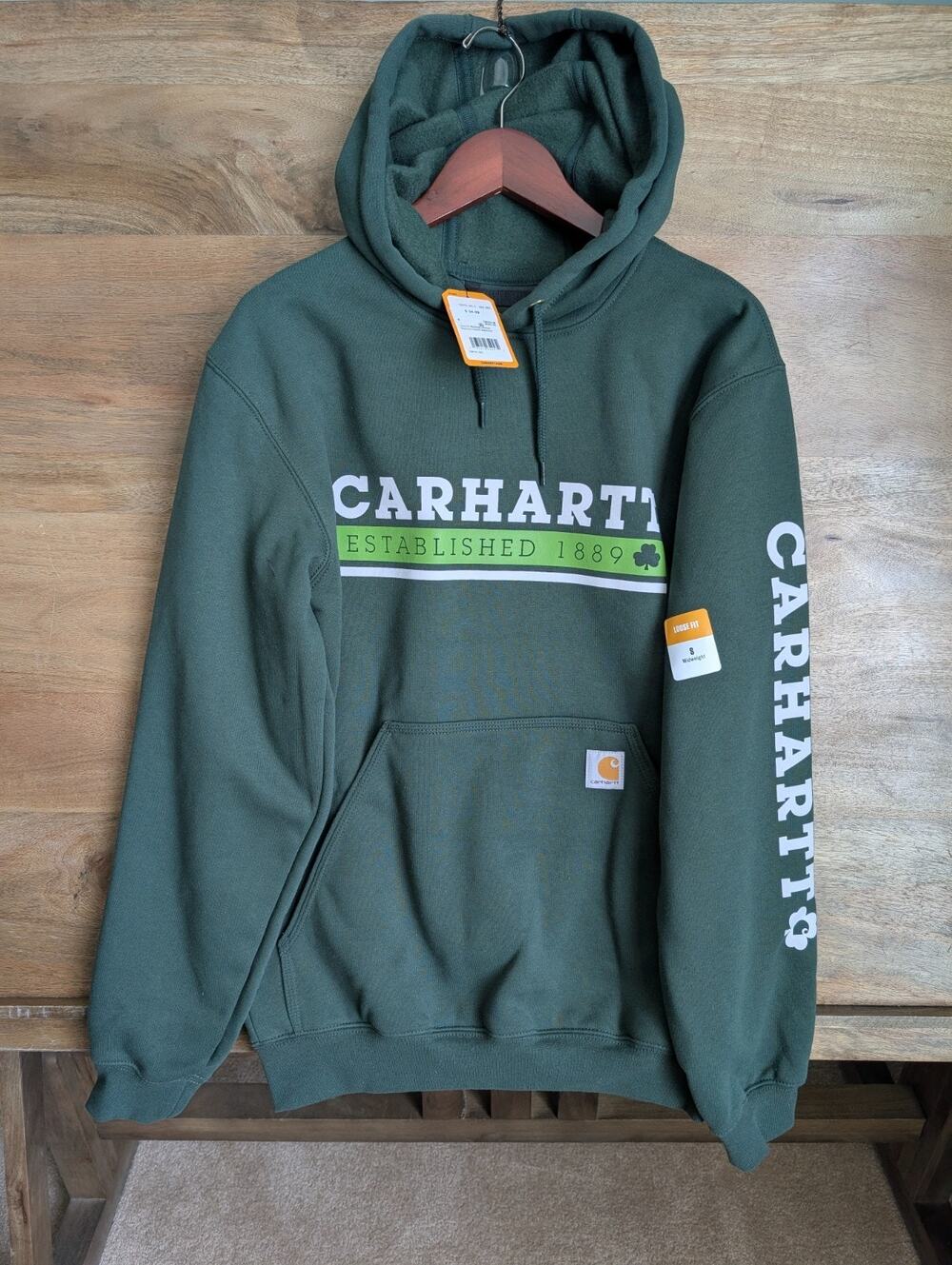 NWT Carhartt Hoodie Mens S Dark Green Shamrock Graphic Loose Midweight Pullover